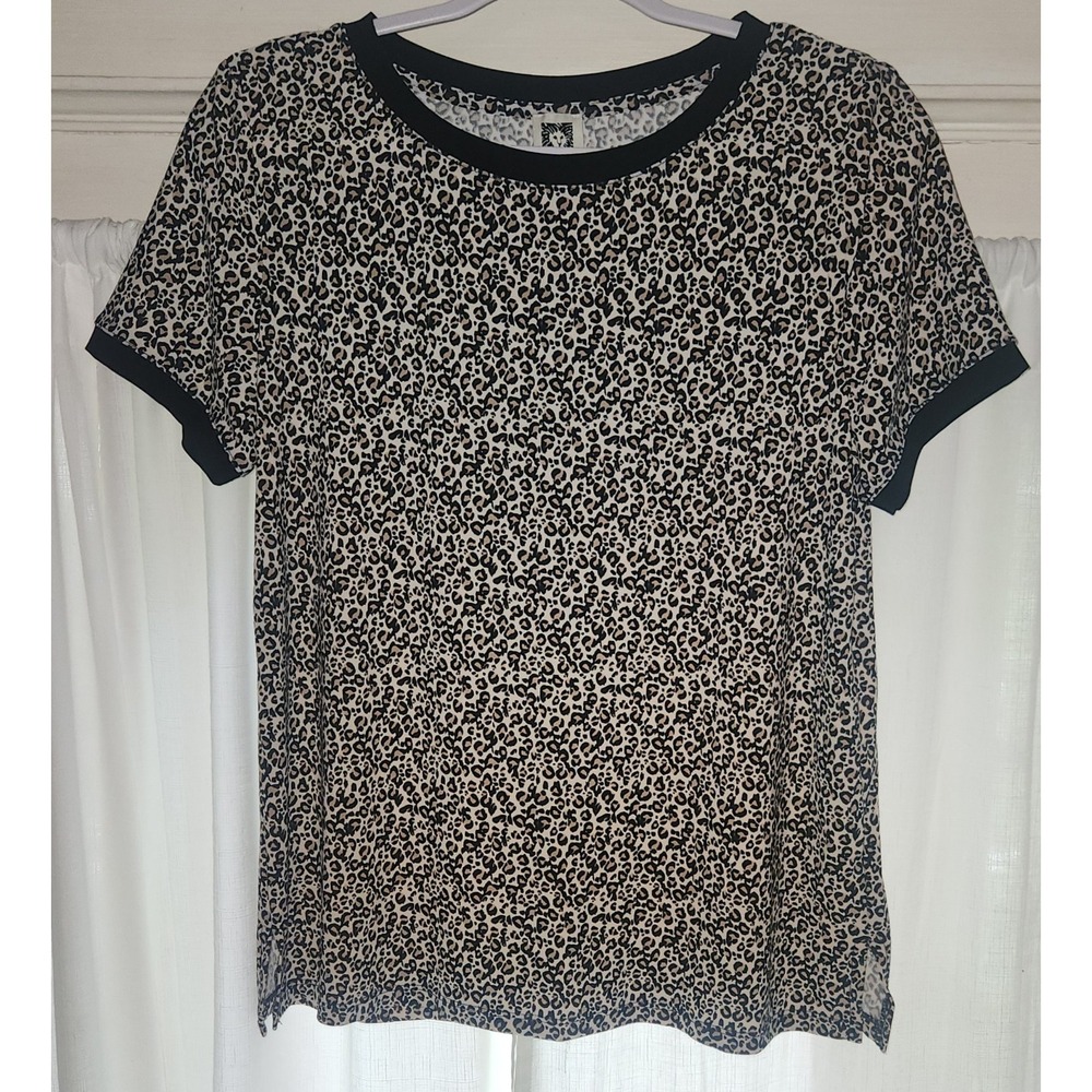 Anne Klein Women's Leopard Print Short Sleeve Blouse Top Black Trim Size M